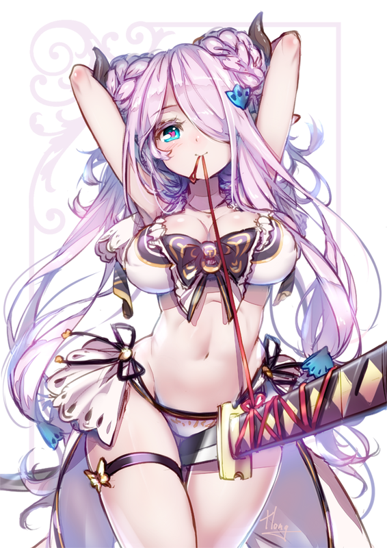 1girl arms_up between_thighs bikini blue_eyes blush braid breasts cleavage doraf granblue_fantasy hair_ornament hair_over_one_eye heart heart-shaped_pupils hong_(white_spider) horns katana large_breasts lavender_hair long_hair looking_at_viewer mouth_hold narumeia_(granblue_fantasy) navel pointy_ears simple_background smile solo swimsuit sword symbol-shaped_pupils weapon white_bikini