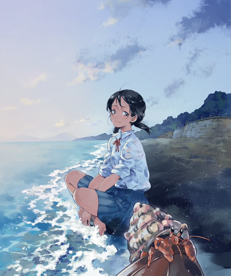 1girl ahoge barefoot beach between_legs black_eyes black_hair clouds crab hand_between_legs hermit_crab hill horizon indian_style kome_(9969095) light_smile looking_to_the_side neck_ribbon original pleated_skirt ribbon school_uniform short_hair short_twintails sitting skirt sky solo tree twintails water wind yuu_(warm_water)