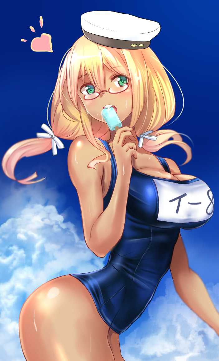 1girl bare_shoulders blonde_hair blush breasts cleavage clouds cowboy_shot eating food glasses green_eyes hair_ribbon hat heart i-8_(kantai_collection) kantai_collection large_breasts long_hair looking_at_viewer low_twintails medium_breasts name_tag one-piece_swimsuit peaked_cap popsicle red-framed_eyewear ribbon school_swimsuit semi-rimless_glasses solo summer sweat swimsuit tan twintails under-rim_glasses untsue white_ribbon