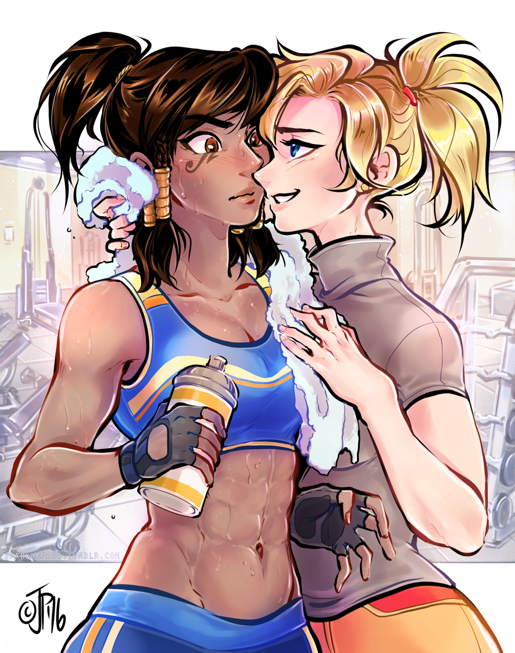 2girls abs blonde_hair blue_eyes bottle brown_eyes brown_hair dark_skin eye_contact gym highres looking_at_another mercy_(overwatch) multiple_girls overwatch pharah_(overwatch) sparklenaut sweat toned towel yuri