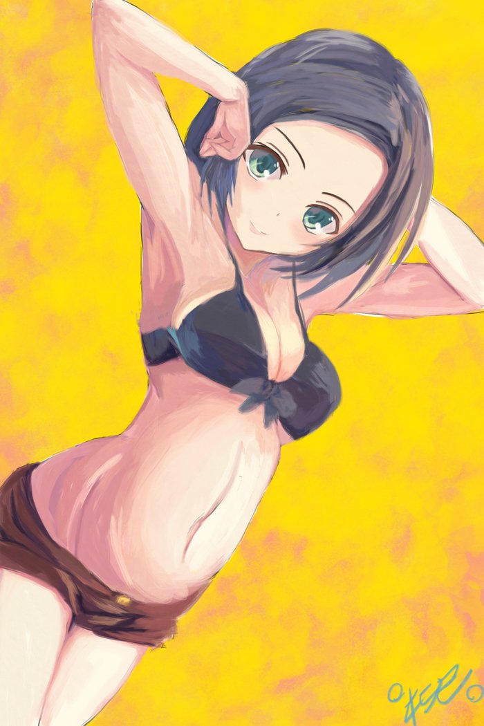 1girl alternate_costume armpits arms_up artist_name bare_shoulders black_bra black_hair blue_eyes bra breasts cleavage closed_mouth dutch_angle eyebrows front-tie_top kantai_collection kuroshio_(kantai_collection) light_smile looking_at_viewer medium_breasts short_hair simple_background solo stomach_bulge underwear yanagi_wakana yellow_background