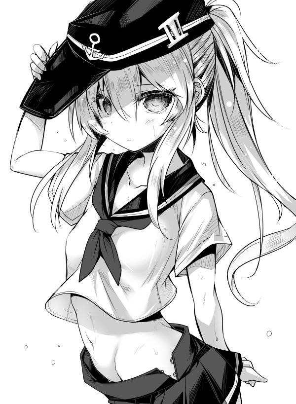 1girl ai_takurou alternate_hairstyle anchor_symbol arm_up bangs blush breasts closed_mouth collarbone cowboy_shot eyebrows eyebrows_visible_through_hair flat_cap greyscale groin hair_between_eyes hand_on_headwear hat hibiki_(kantai_collection) kantai_collection long_hair looking_at_viewer midriff monochrome navel neckerchief pleated_skirt ponytail school_uniform serafuku short_sleeves sidelocks simple_background skirt small_breasts solo standing stomach sweat white_background