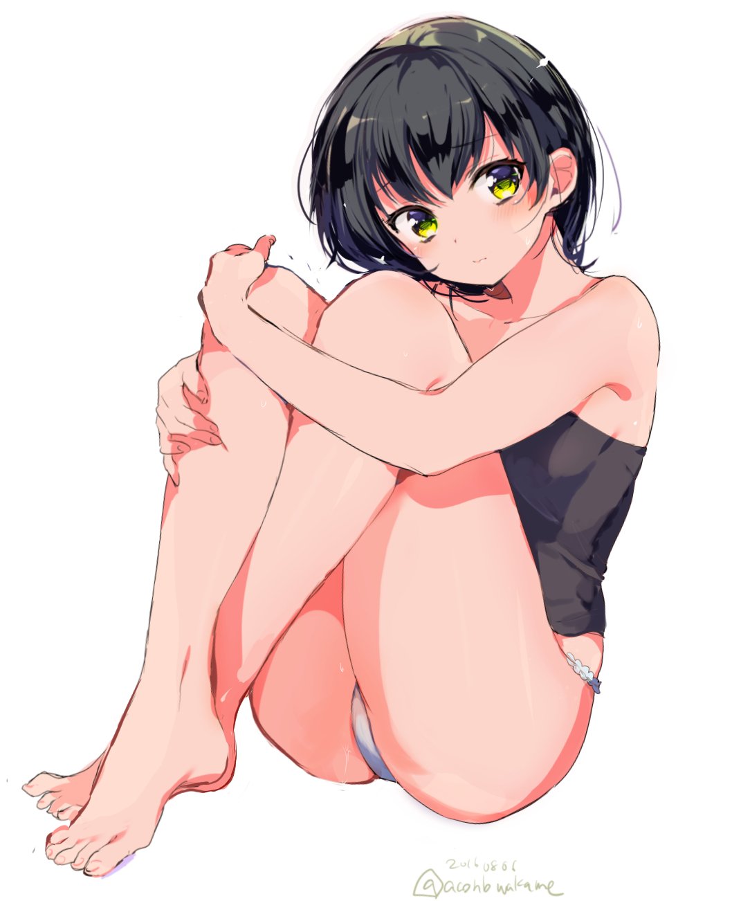 1girl a_k_o bare_legs barefoot black_hair blush dated full_body highres knees_on_chest legs_crossed looking_at_viewer no_pants original panties short_hair simple_background sitting solo strapless sweat tubetop twitter_username underwear white_background white_panties yellow_eyes
