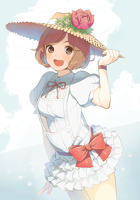 1girl :d bangs bow brown_eyes brown_hair center_frills commentary_request cowboy_shot daigoman flower frilled_skirt frills hand_on_headwear hat hat_flower looking_at_viewer meiko neck_ribbon open_mouth overall_skirt puffy_short_sleeves puffy_sleeves red_bow red_ribbon ribbon sakine_meiko short_hair short_sleeves skirt smile solo sun_hat swept_bangs vocaloid white_skirt wristband