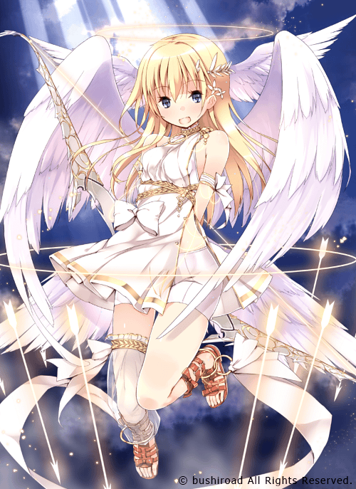 1girl angel angel_wings anklet arm_ribbon arms_behind_back arrow ascendants_of_aetheros bike_shorts blonde_hair blue_eyes blush bow bow_(weapon) bushiroad circlet clouds copyright_name dress feathered_wings feathers flower hair_flower hair_ornament halo halterneck head_wings jewelry knees_together_feet_apart light_rays long_hair multiple_wings open_mouth refeia ribbon sandals seraph sheer_legwear shorts shorts_under_dress side_slit single_thighhigh sky sleeveless smile solo star_(sky) sunbeam sunlight thigh-highs thigh_gap trinity_valda weapon white_dress white_legwear wings