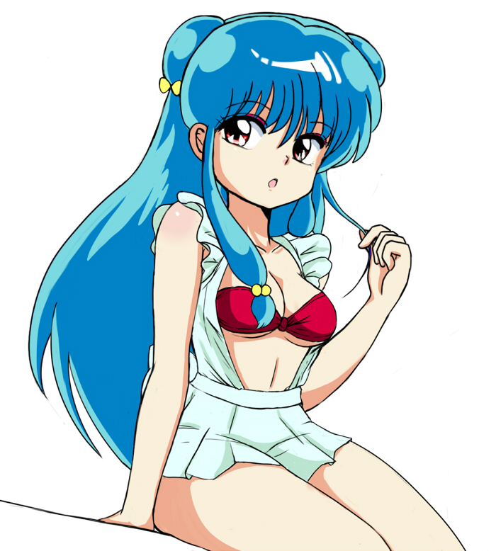 1girl aqua_hair arm_support cleavage cyocomi3 female long_hair microskirt pleated_skirt ranma_1/2 shampoo_(ranma_1/2) simple_background sitting skirt solo top twintails upper_body white_background yellow_eyes