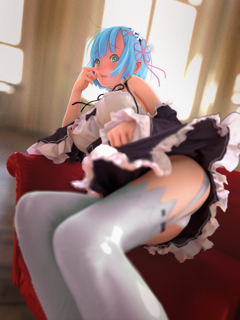1girl aqua_eyes ass bangs black_bow black_ribbon blue_eyes blue_hair blurry blush bow breasts couch curtains depth_of_field detached_sleeves dress dutch_angle embarrassed eyebrows eyebrows_visible_through_hair floor frills garter_straps hair_ornament hair_ribbon hairband hand_to_own_mouth large_breasts looking_at_viewer lying on_couch on_side open_mouth panties pink_ribbon re:zero_kara_hajimeru_isekai_seikatsu rem_(re:zero) ribbon shade shiny shiny_clothes short_hair solo thigh-highs underwear upskirt white_legwear white_panties wide_sleeves window_shade x_hair_ornament yasumori_zen