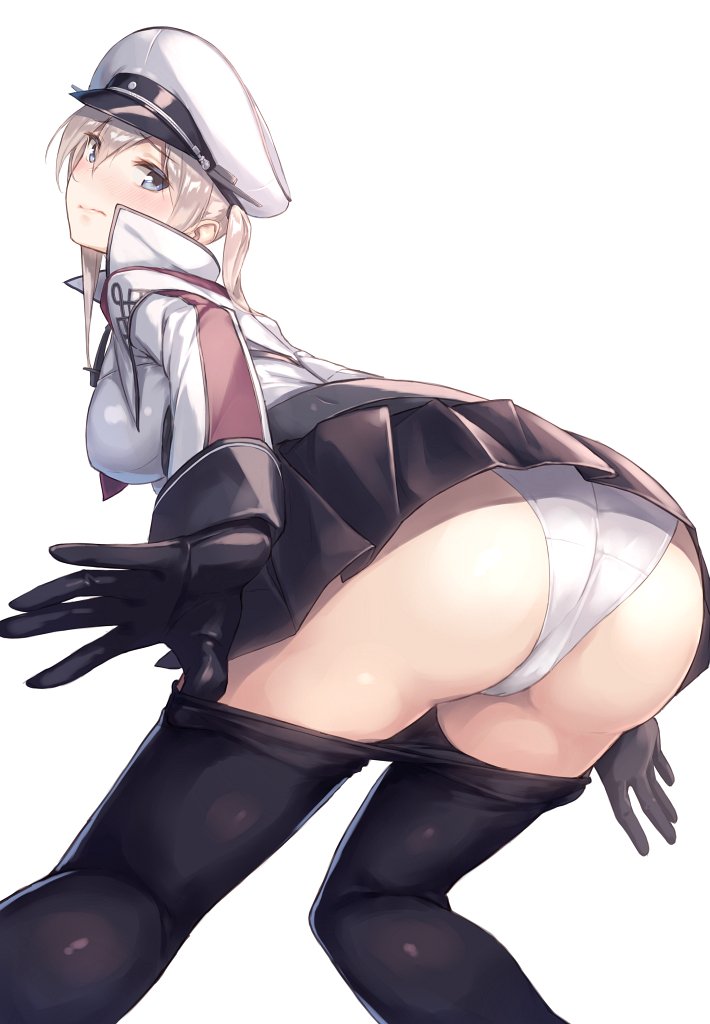 1girl ass black_gloves black_legwear blonde_hair blue_eyes blush from_below gloves graf_zeppelin_(kantai_collection) hair_between_eyes hat kantai_collection leaning_forward looking_at_viewer looking_back panties pantyhose pantyhose_pull pleated_skirt simple_background skirt solo twintails underwear white_background white_panties yomo_(majidon)