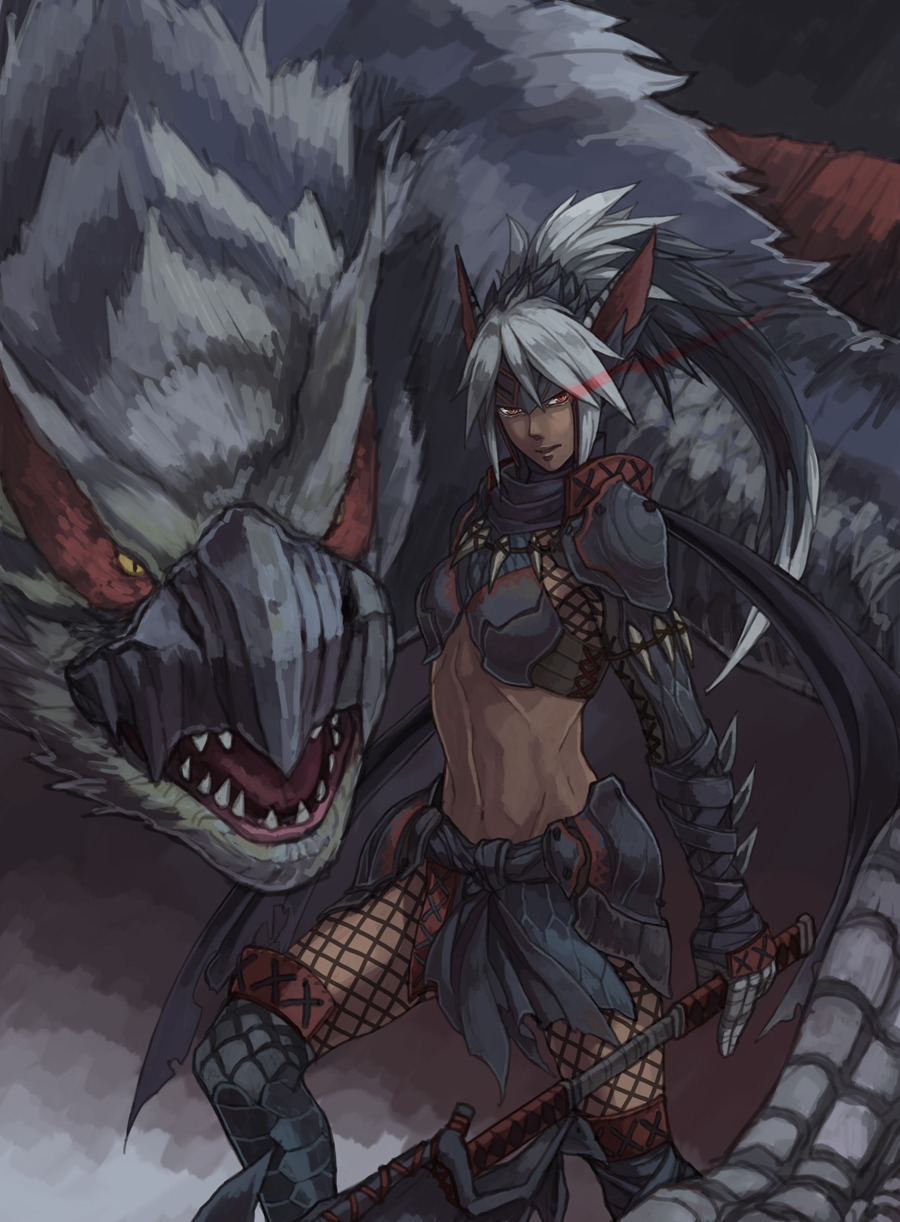 1girl animal_ears armor beak black_fur black_hair boots dark_skin fishnets fur gauntlets gradient_hair grey_hair hairband highres hilld holding holding_weapon jaw light_trail long_hair looking_at_viewer midriff monster monster_hunter multicolored_hair nargacuga nargacuga_(armor) navel orange_eyes pauldrons ponytail red_eyes scarf sharp_teeth silverwind_nargacuga_(armor) spikes teeth weapon wings wyvern yellow_eyes