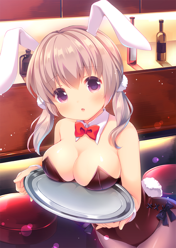 1girl :o animal_ears bangs bar bare_shoulders black_bow blush bottle bow bowtie breast_rest breasts bunny_girl bunny_tail bunnysuit cleavage cowboy_shot cross-laced_clothes detached_collar eyebrows eyebrows_visible_through_hair hair_ornament holding holding_tray irori lens_flare leotard light_particles looking_at_viewer medium_breasts original pantyhose pom_pom_(clothes) rabbit_ears red_bow red_bowtie side-tie_leotard silver_hair solo stool strapless strapless_leotard tail tray twintails violet_eyes wine_bottle wrist_cuffs