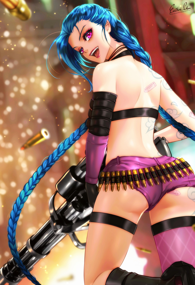 1girl ammunition arm_tattoo ass ass_tattoo back back_tattoo bandolier boots braid bullet elbow_gloves english_commentary esther floating_hair from_behind gatling_gun gloves gun holding holding_gun holding_weapon jinx_(league_of_legends) knee_boots league_of_legends lipstick long_hair looking_at_viewer looking_back makeup open_mouth pink_eyes pink_legwear pink_shorts shiny shiny_hair short_shorts shorts signature single_elbow_glove single_thighhigh smile solo tattoo teeth thigh-highs thigh_strap twin_braids twintails upper_teeth very_long_hair weapon