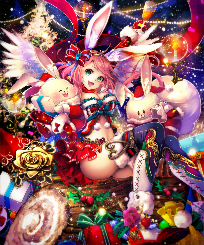 1girl :3 :d ^_^ animal_ears arm_up bow box breasts candle christmas christmas_tree closed_eyes cup drinking_glass frills fur_trim gift gift_box gloves green_eyes hairband head_tilt holding kether log open_mouth outstretched_arm pink_hair rabbit rabbit_ears red_bow red_gloves red_shoes red_skirt sack santa_costume shingoku_no_valhalla_gate shoes sitting skirt smile thigh-highs white_wings wine_glass wings