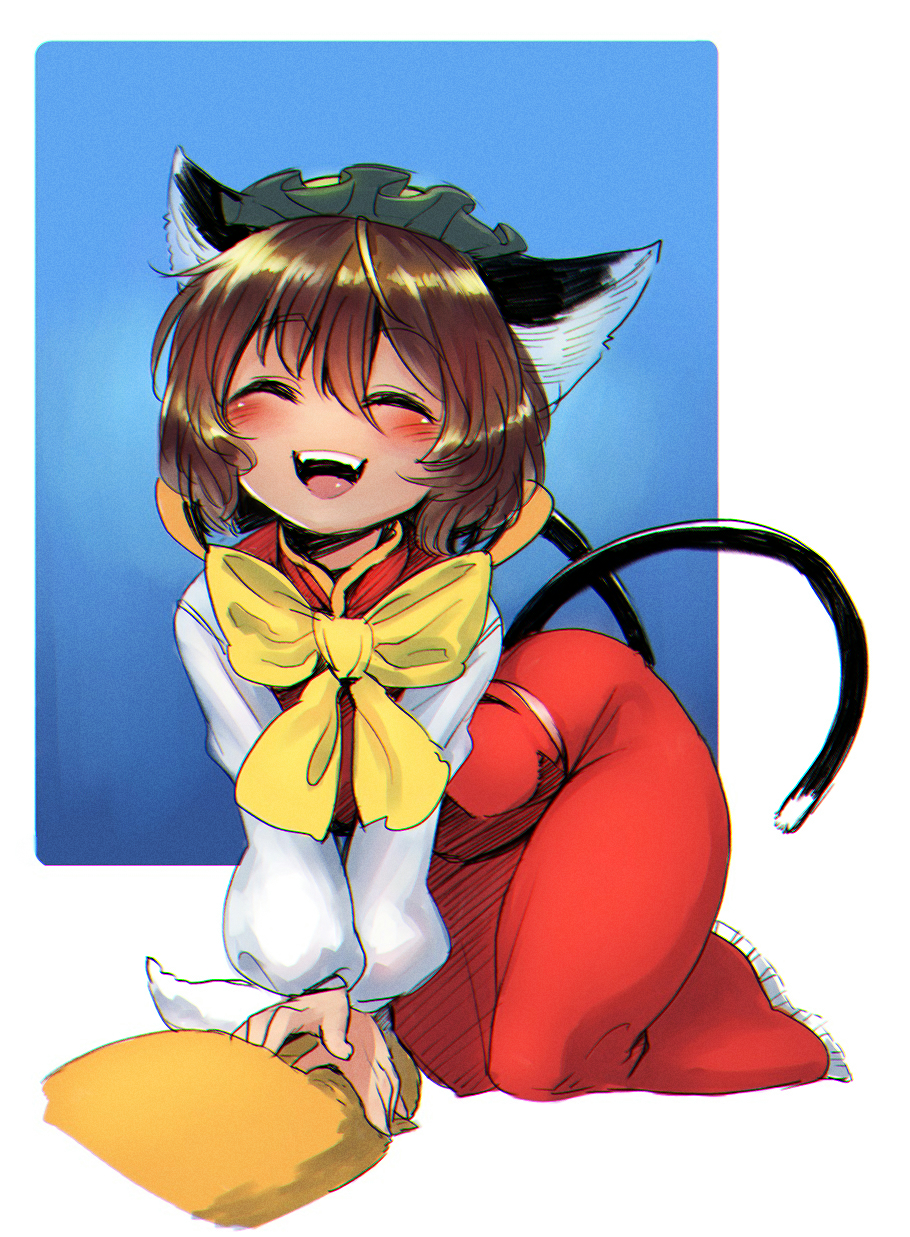 1girl all_fours anchors animal_ears brown_hair cat_ears cat_tail chen hat highres mob_cap open_mouth short_hair smile solo tail touhou