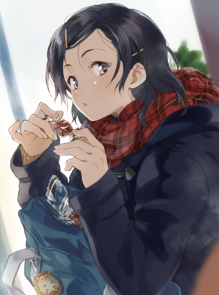 1girl bag black_hair blush brown_eyes candy coat hair_ornament hairclip hedgehog keychain kome_(9969095) looking_at_viewer original scarf school_bag school_uniform short_hair solo upper_body winter_clothes winter_coat yuu_(warm_water)