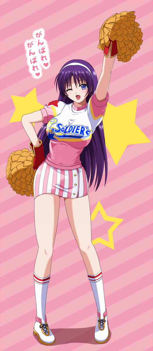 1girl ;d asamiya_athena blush breasts cheering cheerleader fingerless_gloves full_body gloves hairband hand_on_hip highres long_hair looking_at_viewer medium_breasts miniskirt one_eye_closed open_mouth pom_poms puffy_short_sleeves puffy_sleeves purple_hair shoes short_sleeves skirt smile snk socks solo star starry_background striped the_king_of_fighters translated tsuruhisashi vertical-striped_skirt vertical_stripes violet_eyes white_legwear white_shoes