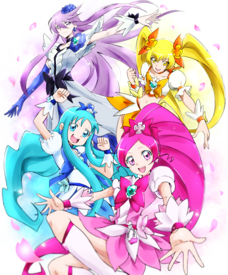 4girls arm_up bangs black_bow blonde_hair blue_bow blue_eyes blue_hair blue_skirt bow choker clenched_hand clenched_hands collarbone cure_blossom cure_marine cure_moonlight cure_sunshine dress earrings flower flower_earrings gacchahero hair_flower hair_ornament hair_ribbon heart heartcatch_precure! jewelry long_hair looking_at_viewer looking_down magical_girl midriff multiple_girls navel open_mouth orange_bow outstretched_arms parted_bangs petals pink_bow pink_eyes pink_hair ponytail precure puffy_short_sleeves puffy_sleeves purple_hair ribbon rose short_sleeves sidelocks simple_background single_elbow_glove skirt smile thigh-highs twintails very_long_hair violet_eyes wavy_hair white_background white_dress white_legwear wrist_cuffs yellow_eyes