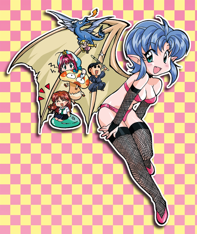1girl 4girls asuka_(viper) bikini blonde_hair bridal_gauntlets brown_hair character_request checkered checkered_background closed_eyes dragon drop_shadow fang fishnets green_eyes hat karin_(viper) long_hair looking_at_viewer multiple_girls mushroom official_art open_mouth outline pink_hair pointy_ears shinai swimsuit sword thigh-highs twintails viper weapon wings