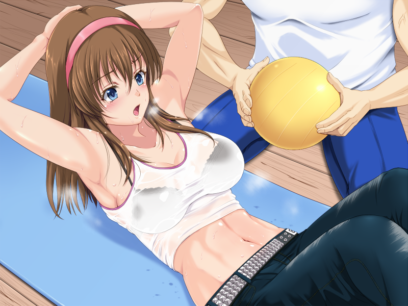 1boy 1girl armpits arms_behind_head arms_up bare_shoulders belt black_bra blue_eyes blush bra breasts brown_hair cleavage collarbone dead_or_alive denim hairband hitomi_(doa) jeans long_hair medium_breasts navel open_mouth pants see-through sit-up solo_focus steam sweat sweat_stain sweating tank_top tsuruhisashi underwear volleyball wet wet_clothes