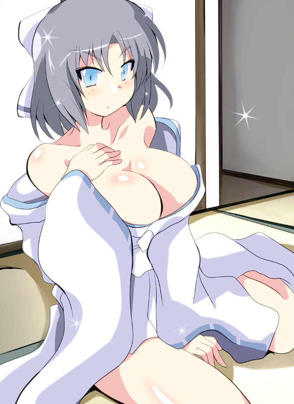 1girl :&lt; bare_shoulders blue_eyes blush bow breasts cleavage collarbone hair_bow huge_breasts japanese_clothes large_breasts looking_at_viewer mister_(black_and_white) no_bra off_shoulder ribbon senran_kagura senran_kagura_(series) short_hair sitting solo yumi_(senran_kagura)