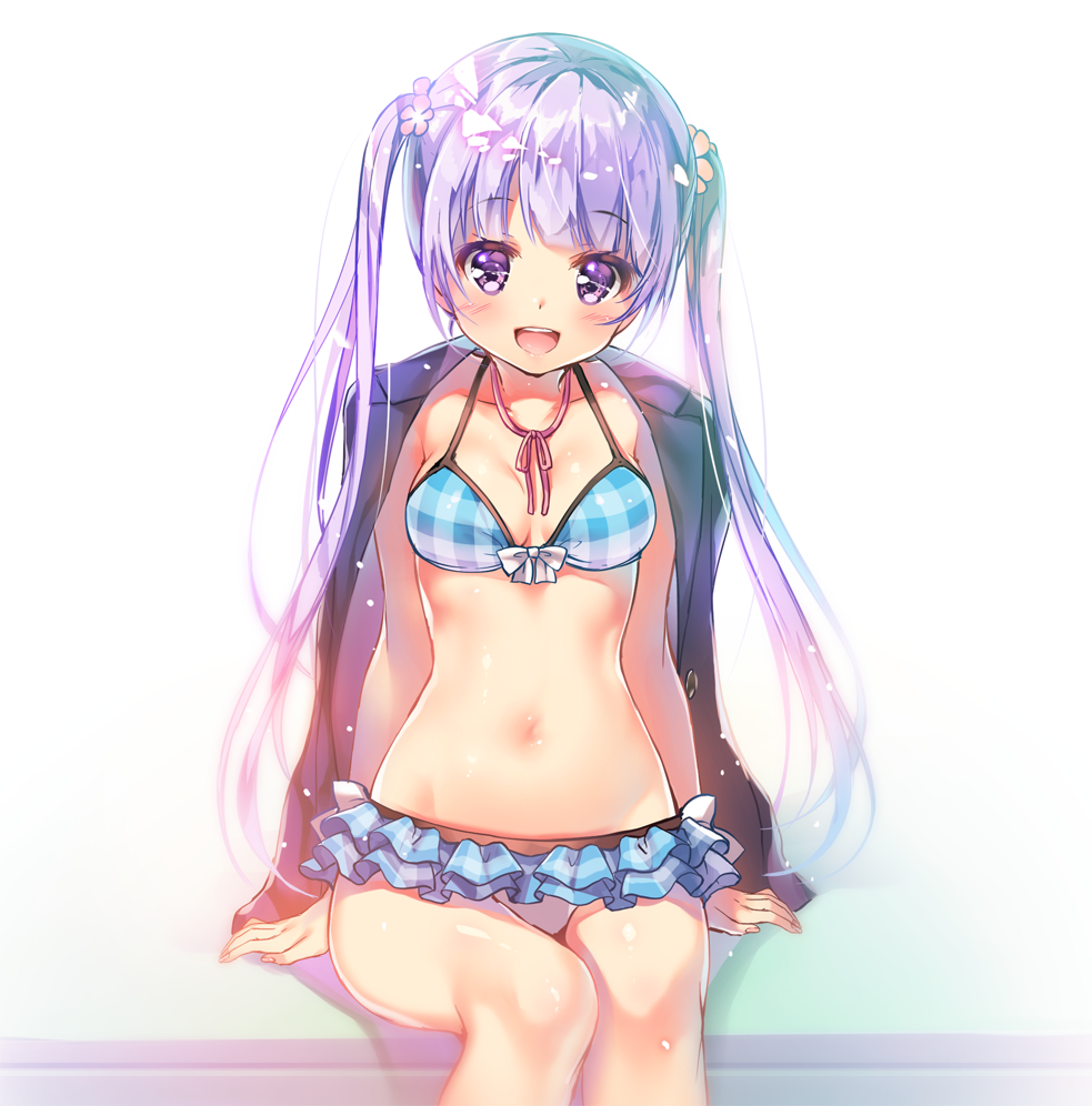 1girl :d bangs bikini blurry breasts collarbone depth_of_field eyebrows eyebrows_visible_through_hair frilled_bikini frills groin hair_ornament jacket_on_shoulders long_hair looking_at_viewer miwabe_sakura navel neck_ribbon new_game! open_mouth plaid plaid_bikini purple_hair ribbon sitting small_breasts smile solo suzukaze_aoba swimsuit teeth twintails violet_eyes