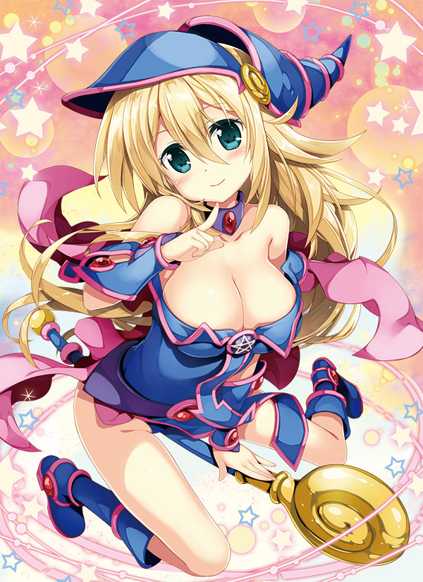 1girl bare_shoulders blonde_hair blue_eyes blush boots breasts choker cleavage collarbone dark_magician_girl duel_monster finger_to_chin fujima_takuya gauntlets hat large_breasts long_hair looking_at_viewer pentacle smile solo staff star wizard_hat yu-gi-oh! yuu-gi-ou_duel_monsters