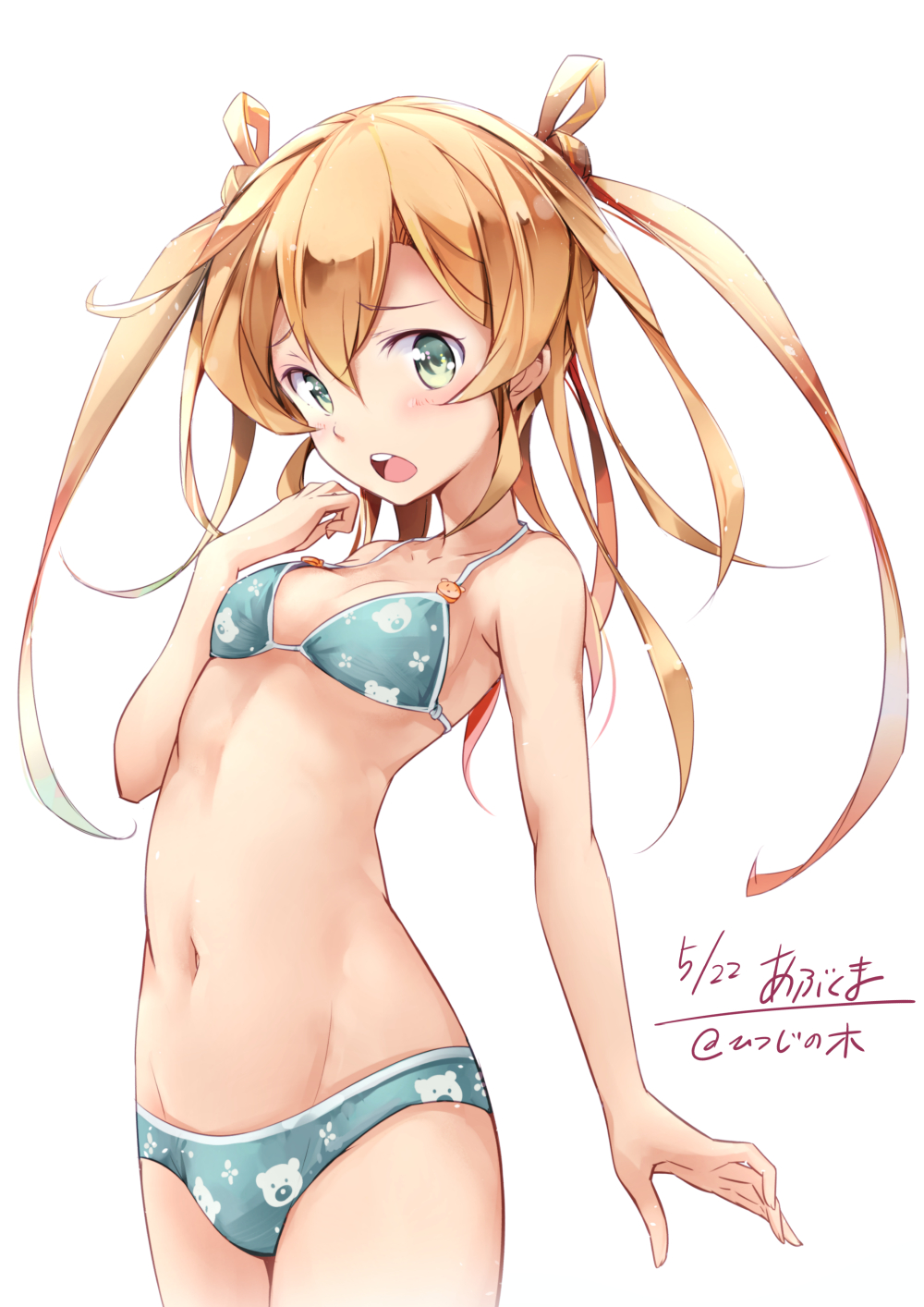 1girl abukuma_(kantai_collection) bangs bear_print bikini blonde_hair breasts character_name collarbone cowboy_shot dated green_eyes groin hair_between_eyes hair_rings highres kantai_collection long_hair looking_at_viewer midriff mousoup navel open_mouth print_bikini simple_background small_breasts solo standing swimsuit teeth thighs twintails underwear underwear_only white_background