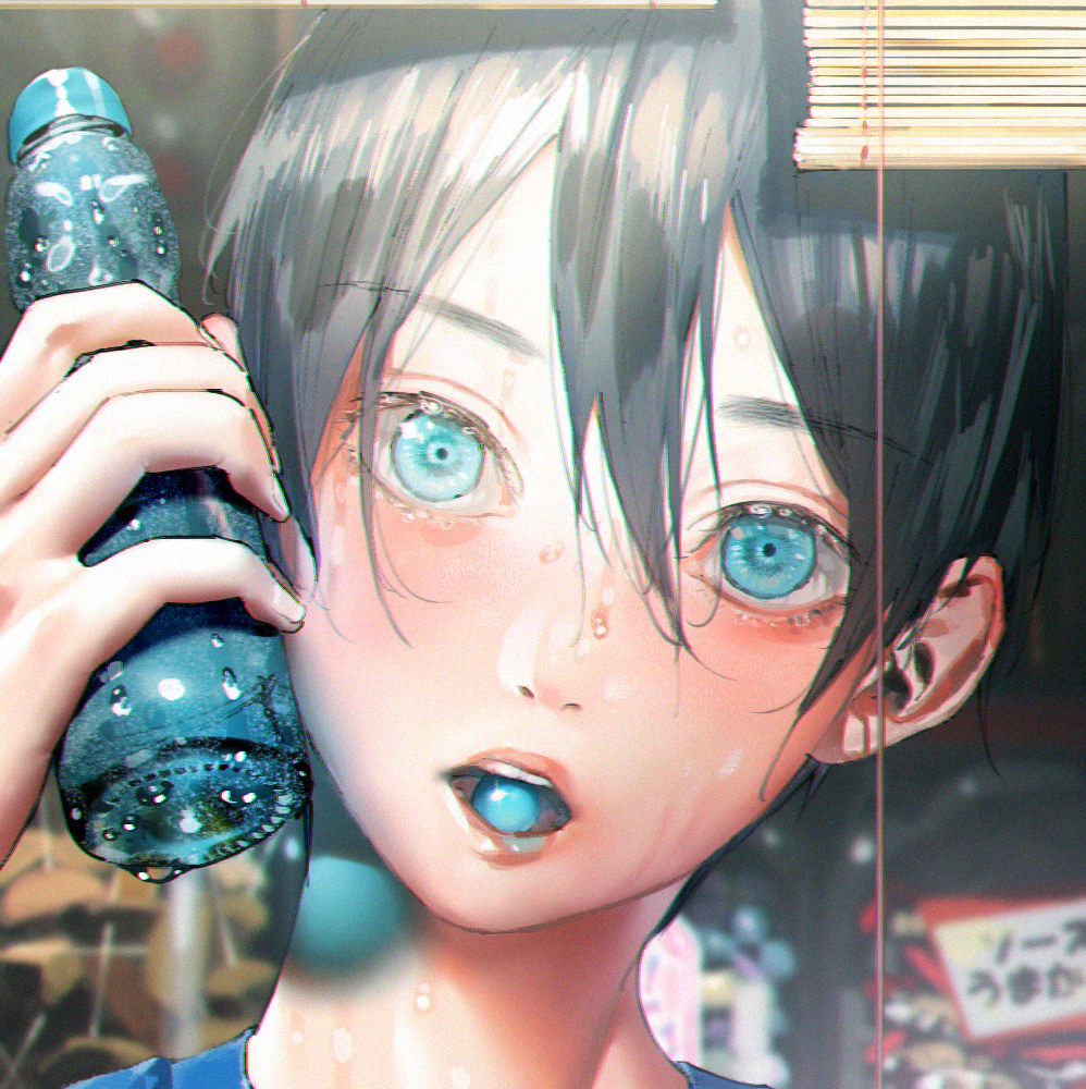 1boy ball bangs black_hair blue_eyes blurry blush candy close-up curtains depth_of_field dripping eyelashes face free! hair_between_eyes hana_bell_forest high_speed! holding_bottle hot jar looking_at_viewer male_focus mouth_hold nanase_haruka_(free!) ramune shade snack solo string summer sweat sweets teeth water wet