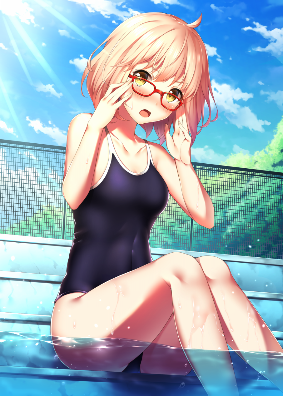 1girl adjusting_glasses ahoge bangs bare_arms bare_legs black_swimsuit blue_sky blush breasts clouds collarbone competition_school_swimsuit covered_navel embarrassed eyebrows eyebrows_visible_through_hair eyelashes fence fingernails glasses highres kuriyama_mirai kyoukai_no_kanata long_fingernails looking_at_viewer medium_breasts one-piece_swimsuit open_mouth outdoors partially_submerged pink_hair pool red-framed_eyewear shade short_hair sitting skin_tight sky solo stairs sunlight sweat swimsuit tree water wet yellow_eyes yomono