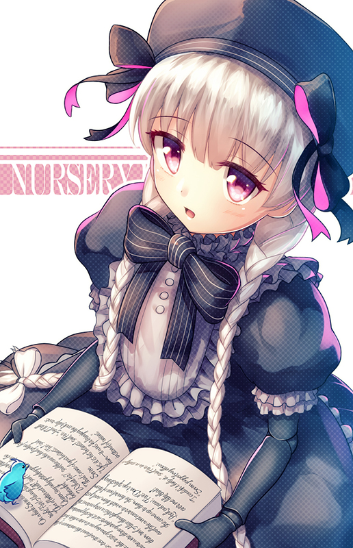 1girl alice_(fate/extra) bird blush book braid doll_joints dress fal fate/extra fate/grand_order fate_(series) hat long_hair looking_up nursery_rhyme_(fate/extra) silver_hair solo violet_eyes