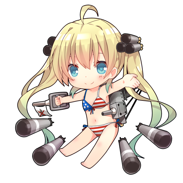 1girl absurdly_long_hair ahoge albacore_(zhan_jian_shao_nyu) america american_flag_bikini bare_arms bare_legs barefoot bikini blonde_hair blue_eyes cannon chibi flag_print full_body gradient_hair green_hair holding jiang-ge long_hair looking_at_viewer machinery multicolored_hair navel outstretched_arms side-tie_bikini simple_background smile solo standing swimsuit torpedo turret twintails two-tone_hair very_long_hair white_background zhan_jian_shao_nyu