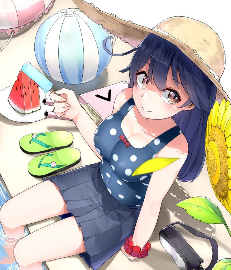 1girl ahoge arm_at_side bad_id ball bare_legs bare_shoulders beachball black_skirt blue_hair blue_swimsuit blush bow breasts brown_hat cannon casual_one-piece_swimsuit closed_mouth collarbone dripping flower food fruit goggles goggles_removed hat holding holding_food innertube kantai_collection long_hair looking_at_viewer looking_up machinery medium_breasts melting one-piece_swimsuit petals pleated_skirt polka_dot polka_dot_swimsuit pool popsicle red_bow sandals sandals_removed scrunchie sitting skirt soaking_feet solo strawberry sun_hat sunflower suzuharu_(suzuharu0612) swimsuit turret ushio_(kantai_collection) very_long_hair violet_eyes watermelon watermelon_seeds wrist_scrunchie