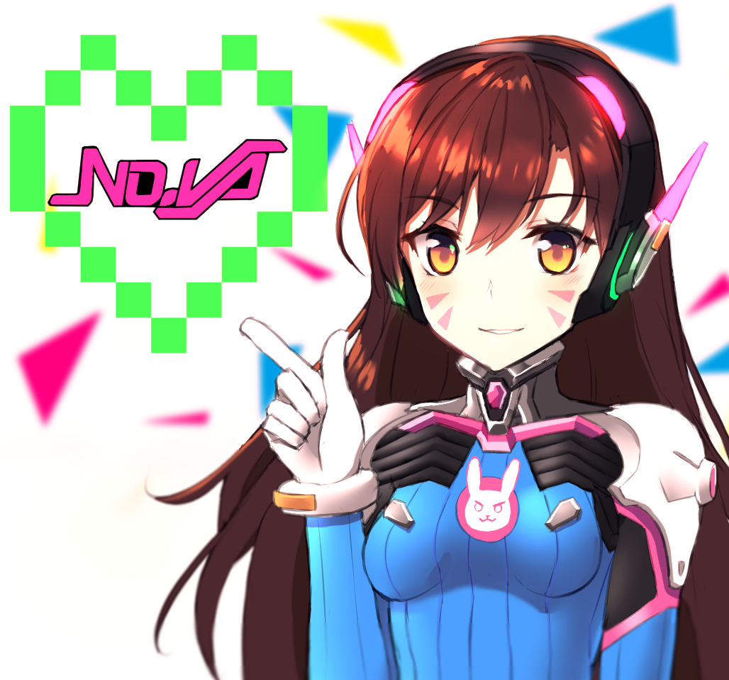 1girl armor bangs blush bodysuit bracer breasts breasts_apart brown_eyes brown_hair bunny_print chamnaitu character_name character_name_in_heart d.va_(overwatch) eyebrows eyebrows_visible_through_hair facepaint facial_mark gloves hand_up headphones heart high_collar long_hair looking_at_viewer overwatch pauldrons pilot_suit shoulder_pads small_breasts smile solo turtleneck upper_body whisker_markings white_gloves