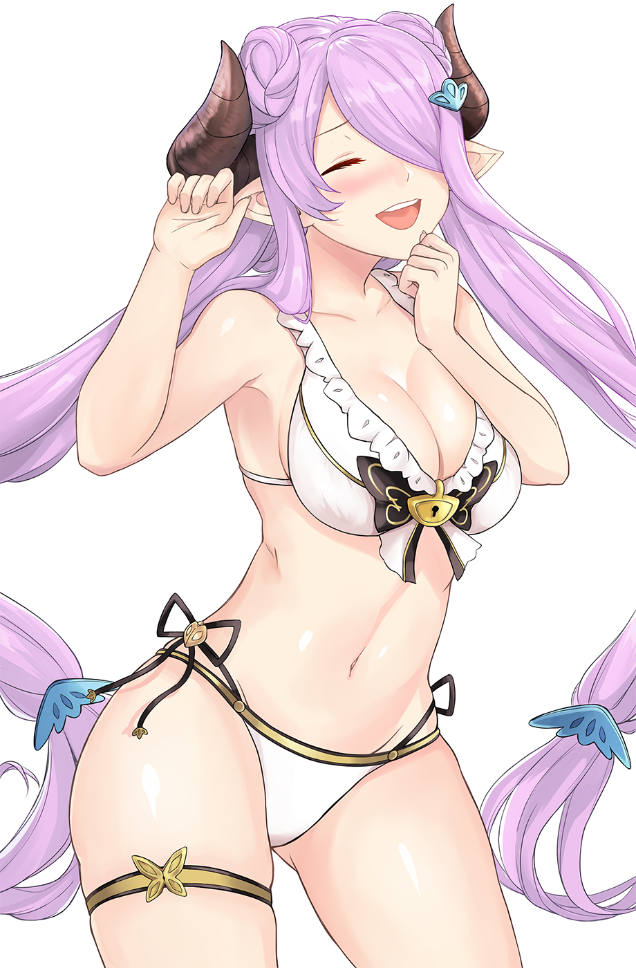 1girl bikini blush breasts cleavage closed_eyes doraf granblue_fantasy hair_ornament hair_over_one_eye highres horns large_breasts long_hair narumeia_(granblue_fantasy) open_mouth pointy_ears side-tie_bikini simple_background smile solo swimsuit terry_(pixiv3274443) twintails very_long_hair white_background white_bikini