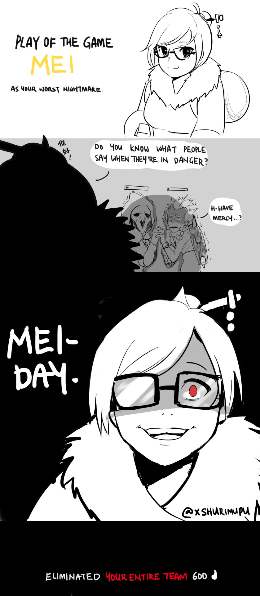 1girl 2boys 3koma comic cowering empty_eyes english evil_smile gameplay_mechanics glasses hair_bun hand_holding health_bar highres hood junkrat_(overwatch) mask mei_(overwatch) monochrome multiple_boys open_mouth overwatch play_of_the_game pun reaper_(overwatch) red_eyes shaded_face smile spot_color supershrimpcakes trembling twitter_username upper_body winter_clothes