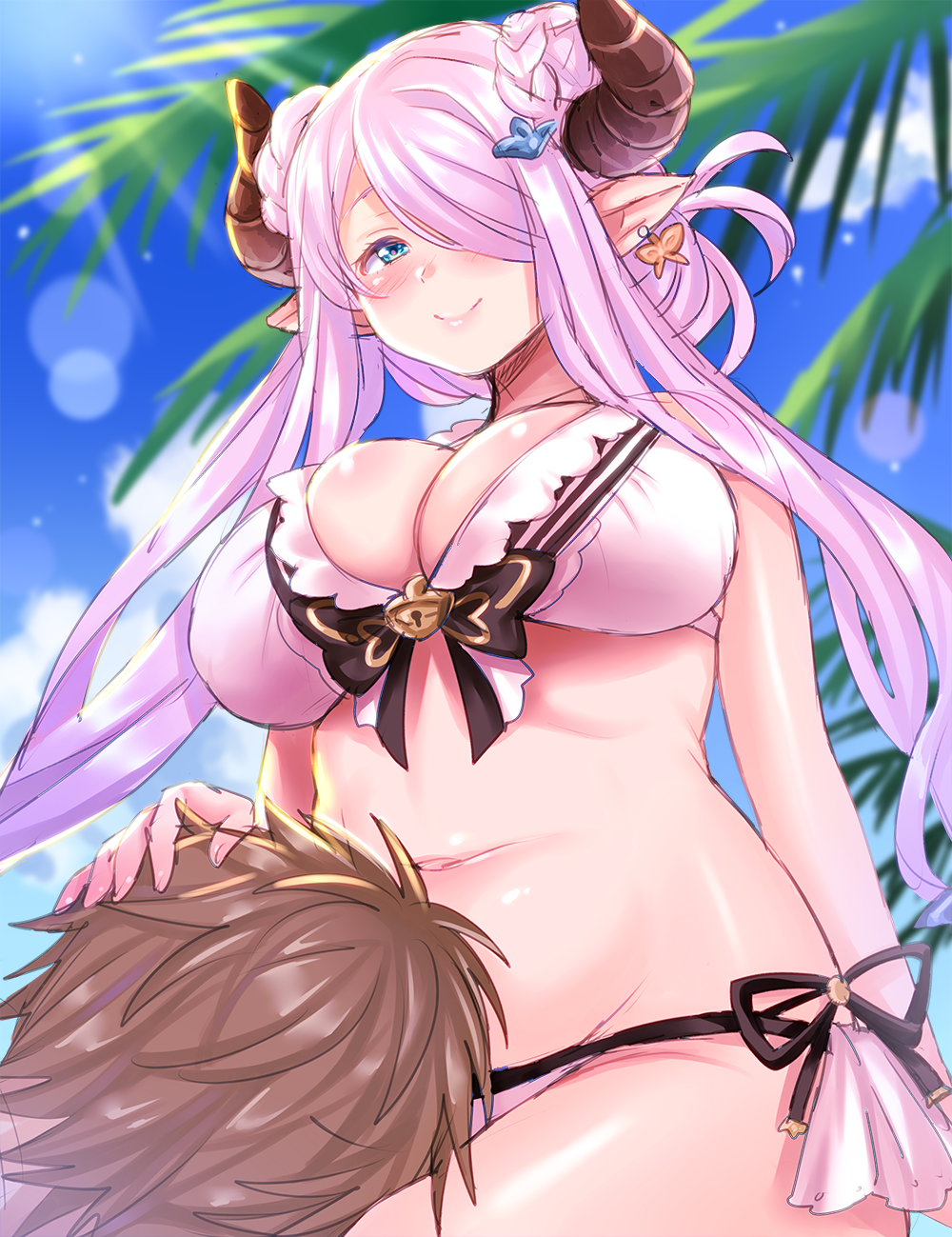 1boy 1girl bikini blue_eyes blurry blush breasts brown_hair butterfly_earrings cleavage closed_mouth curvy depth_of_field doraf double_bun granblue_fantasy groin hair_over_one_eye hand_on_another's_head highres horns lap_pillow large_breasts lavender_hair lens_flare long_hair looking_at_viewer nanatsu_(pixiv1467365) narumeia_(granblue_fantasy) navel outdoors palm_tree pointy_ears side-tie_bikini sitting sketch smile swimsuit tree white_bikini