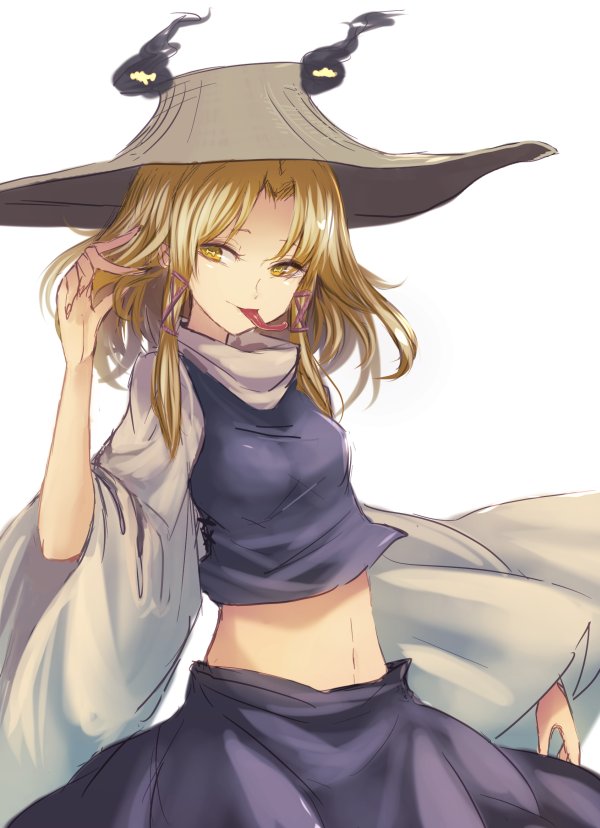 1girl blonde_hair breasts cowboy_shot dress frog_eyes hair_ribbon hand_in_hair long_tongue looking_to_the_side midriff moriya_suwako navel purple_skirt purple_vest pyonta ribbon short_hair simple_background skirt small_breasts solo terajin tongue touhou turtleneck waist white_background white_dress wide_sleeves yellow_eyes