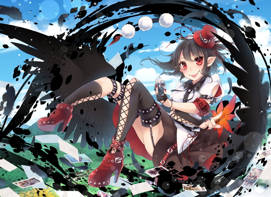 1girl adapted_costume armband asymmetrical_legwear belt black_feathers black_gloves black_hair black_legwear black_wings blue_sky blush bridal_gauntlets brown_skirt camera clouds day fan feathers fingerless_gloves floating garter_straps gloves hakurei_reimu half_gloves hat hat_ribbon high_heels kneehighs lake legs_up looking_at_viewer low_wings mini_hat mini_top_hat mountain nail_polish photo_(object) pointy_ears red_eyes red_hat red_nails red_shoes ribbon shameimaru_aya shoes short_hair skirt skirt_lift sky solo sparkle thigh-highs thigh_strap thighs tongue tongue_out top_hat touhou toutenkou village wings