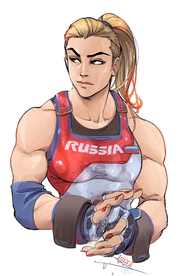 1girl blonde_hair braid brown_eyes leotard looking_to_the_side mike_nesbitt muscle nail_polish overwatch russian_clothes russian_flag signature simple_background solo zarya_(overwatch)
