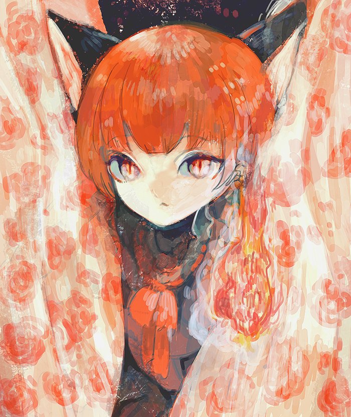1girl :&lt; anabone animal_ears bangs bow braid cat_ears curtains extra_ears eyebrows eyebrows_visible_through_hair fire flame floral_print hair_bow kaenbyou_rin looking_at_viewer neckerchief necktie nekomata open_mouth orange_hair red_eyes redhead slit_pupils solo touhou twin_braids upper_body