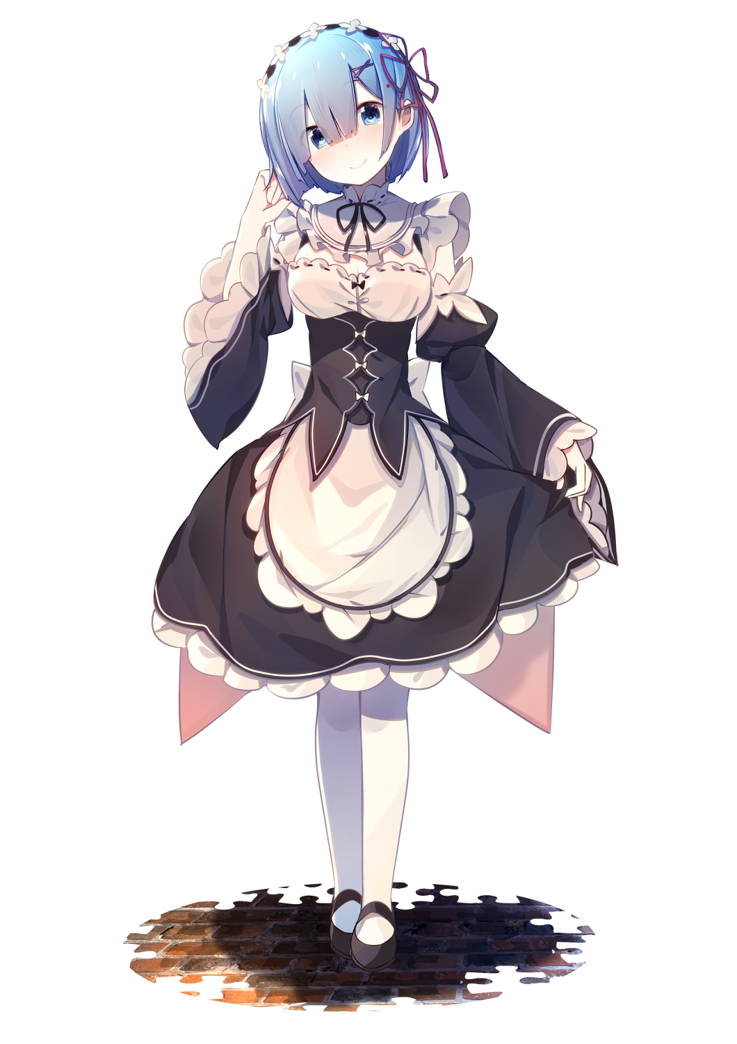 1girl blue_eyes blue_hair brick_floor detached_sleeves frilled_skirt frills hair_ornament head_tilt highres looking_at_viewer maid maid_headdress nmaaaaa re:zero_kara_hajimeru_isekai_seikatsu rem_(re:zero) ribbon shadow shoes short_hair simple_background skirt skirt_lift smile solo white_background white_legwear x_hair_ornament