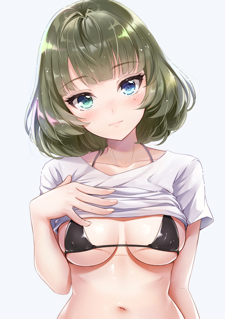 1girl azuki_yui bikini_top black_bikini_top blue_eyes blush breasts brown_hair commentary_request green_eyes heterochromia idolmaster idolmaster_cinderella_girls looking_at_viewer mole mole_under_eye navel shirt_lift short_hair simple_background smile solo takagaki_kaede