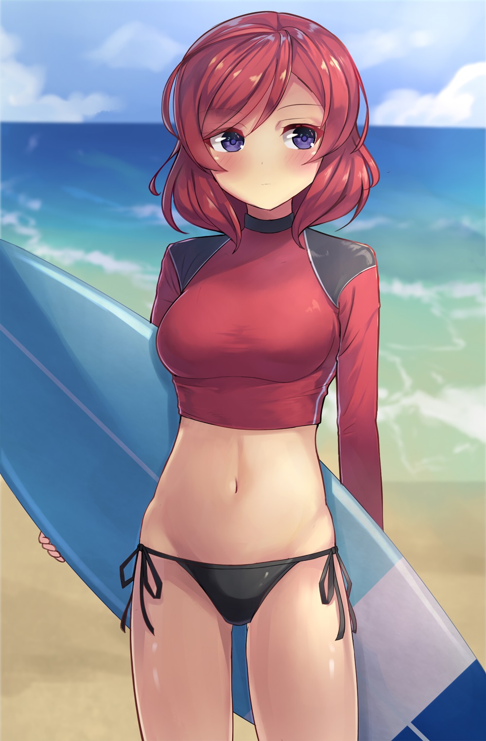 1girl bikini black_bikini blush breasts clouds crop_top highres holding looking_away looking_to_the_side love_live! love_live!_school_idol_project medium_breasts midriff motokonut navel nishikino_maki ocean outdoors redhead shirt short_hair side-tie_bikini sky solo standing surfboard swimsuit taut_clothes taut_shirt violet_eyes wetsuit