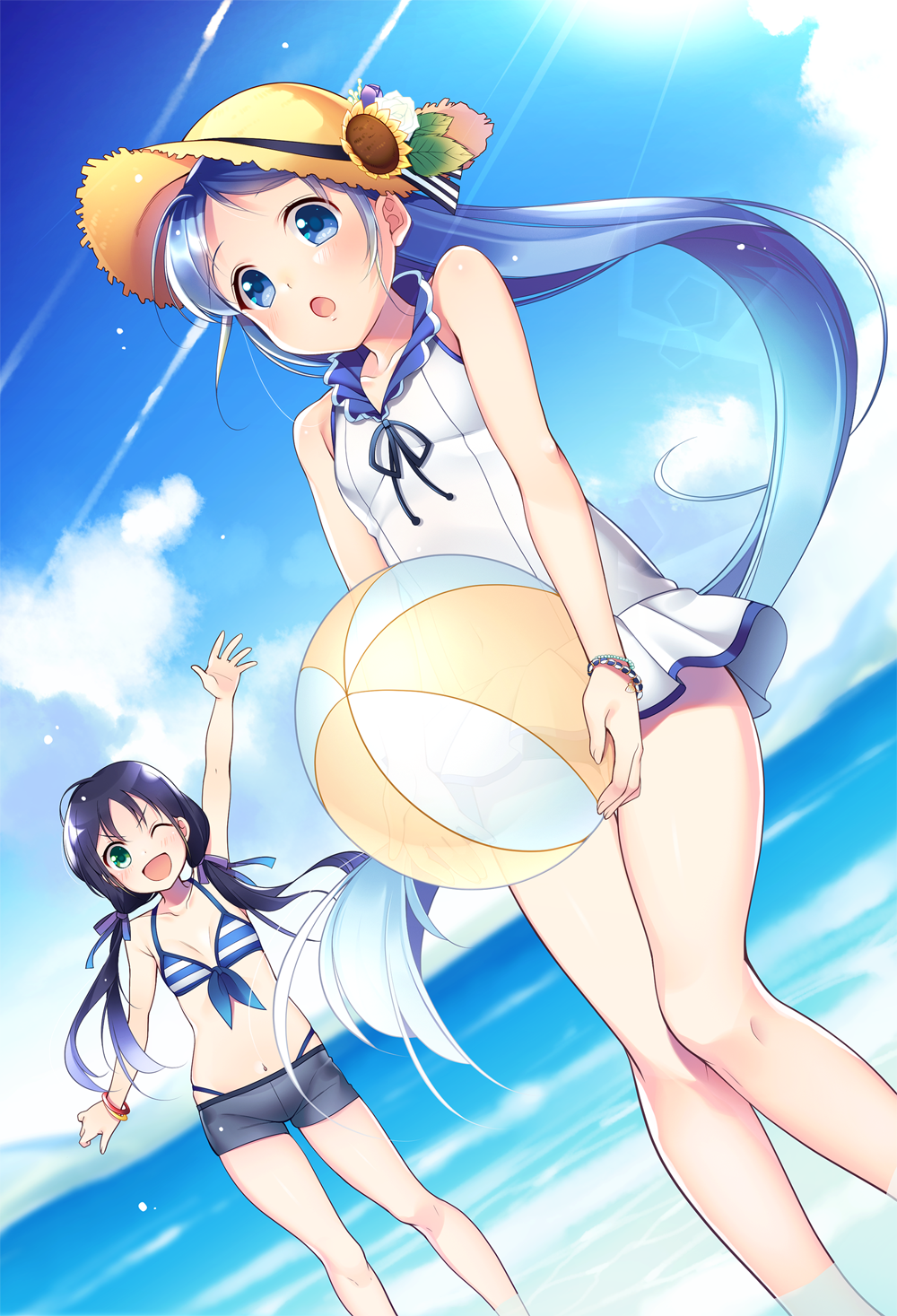 2girls :o ;d ahoge arm_up ball bare_arms bare_legs bare_shoulders beachball bikini black_shorts bracelet breasts casual_one-piece_swimsuit collarbone dutch_angle flower hair_ribbon hat highres holding_ball horizon horizontal_stripes jewelry kantai_collection leaf light_rays long_hair low_twintails multiple_girls navel neck_ribbon ocean one-piece_swimsuit one_eye_closed open_mouth outdoors purple_ribbon ribbon samidare_(kantai_collection) shiny shiny_skin shirogane_rio_(artist) shorts sleeveless small_breasts smile standing stomach straw_hat striped striped_bikini sun_hat sunflower sunlight suzukaze_(kantai_collection) swimsuit thighs twintails very_long_hair wading water waving white_bikini yellow_hat