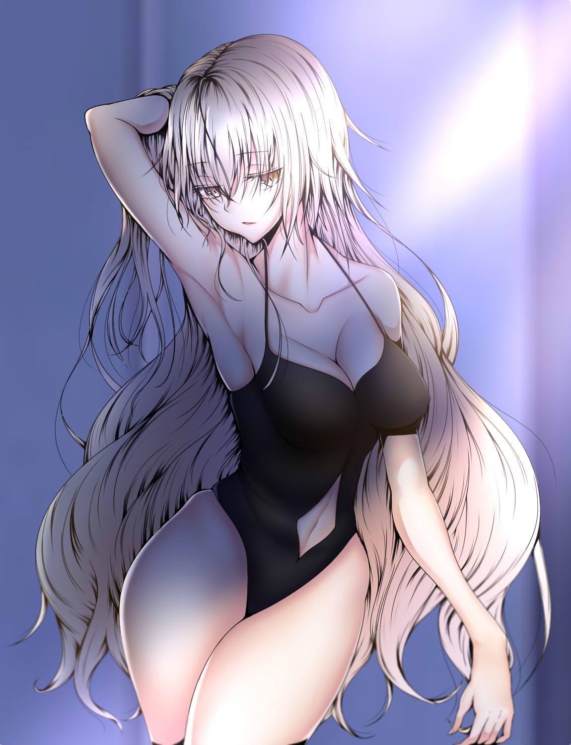 1girl arm_behind_head armpits black_swimsuit breasts cleavage collarbone fate/grand_order fate_(series) highres jeanne_alter long_hair navel one-piece_swimsuit ruler_(fate/apocrypha) ruler_(fate/grand_order) silver_hair solo swimsuit tetsu_(excalibur920) very_long_hair yellow_eyes