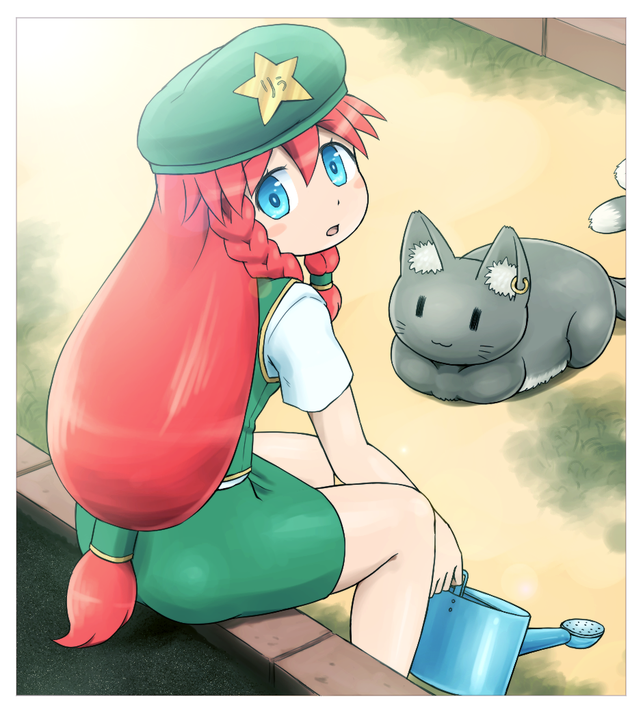1girl =3 adapted_costume beret blue_eyes blush blush_stickers border braid brick chen chen_(cat) earrings from_behind green_hat green_vest ground hat hong_meiling jewelry long_hair looking_at_another looking_at_viewer looking_back miniskirt nekomata open_mouth outdoors photo_(object) redhead shirosato shirt short_sleeves sitting skirt skirt_set solo taut_skirt touhou twin_braids very_long_hair watering_can white_border white_shirt