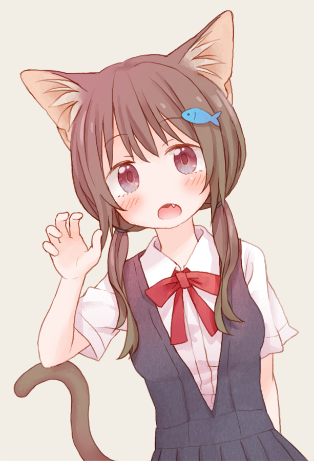 1girl animal_ears blush bow brown_hair cat_ears cat_tail commentary dennou_usagi dress fang fish hair_ornament long_hair looking_at_viewer low_twintails open_mouth original pleated_skirt school_uniform shirt simple_background skirt solo tail twintails uniform violet_eyes