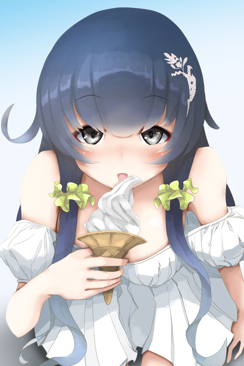 1girl arm_at_side bangs bare_shoulders black_hair blue_hair blush breastai breasts casual dress food gradient gradient_background grey_eyes hair_decoration hair_ornament hair_scrunchie hair_tubes highres holding holding_food ice_cream ice_cream_cone kantai_collection licking long_hair mizuho_(kantai_collection) momin off-shoulder_dress off_shoulder pleated_dress puffy_short_sleeves puffy_sleeves scrunchie short_dress short_sleeves sidelocks soft_serve solo strapless strapless_dress tongue white_dress