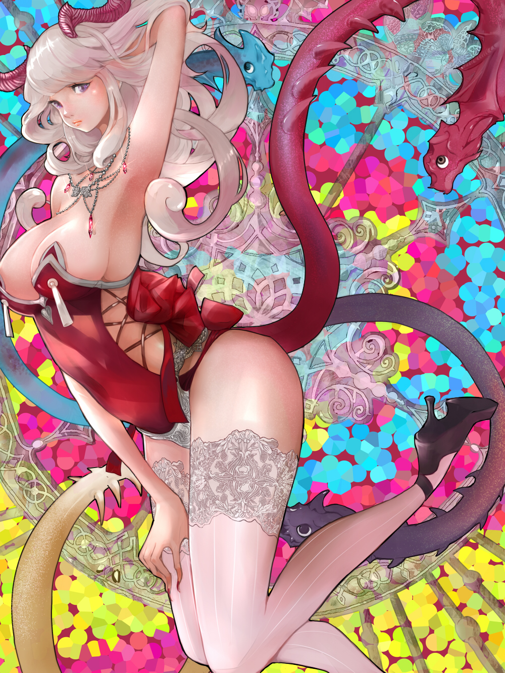 1girl adjusting_hair armpits bad_anatomy bad_proportions black_shoes breasts cleavage dragon dragon_tail hand_on_leg high_heels highres horns jewelry kurara_(id10569606) large_breasts lipstick makeup necklace original poorly_drawn shoes solo_focus tail thigh-highs violet_eyes white_hair