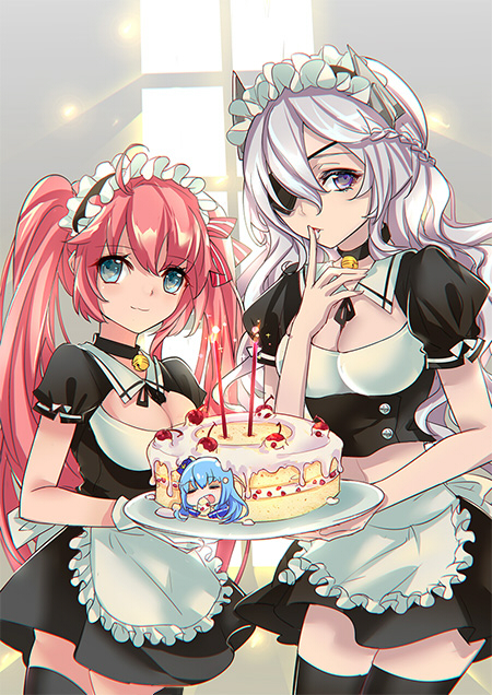 3girls 8rats alternate_costume apron bell bell_collar black_legwear blue_eyes blue_hair blue_hat breasts cake candle cherry chibi cleavage cleavage_cutout closed_mouth collar cowboy_shot eating enmaided eyepatch finger_licking food fruit hat horns lavender_hair licking long_hair looking_at_viewer maid maid_apron maid_headdress multiple_girls pink_hair plate puffy_short_sleeves puffy_sleeves quincy_(zhan_jian_shao_nyu) short_sleeves sirius_(zhan_jian_shao_nyu) smile taihou_(zhan_jian_shao_nyu) thigh-highs twintails violet_eyes window zettai_ryouiki zhan_jian_shao_nyu