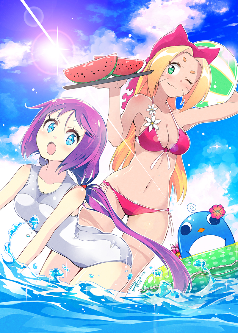2016 2girls :o ;3 artist_name ass ball beachball bent_over bikini bird blonde_hair blue_eyes blue_sky blush breasts cleavage clouds cloudy_sky collarbone eyebrows flower food fruit green_eyes hair_intakes holding innertube joakim_waller lens_flare light_particles low_twintails multiple_girls ocean one-piece_swimsuit open_mouth outline partially_submerged penguin penguin_rumble purple_hair red_bikini short_eyebrows sky sun swimsuit tan thick_eyebrows twintails water watermelon whisker_markings